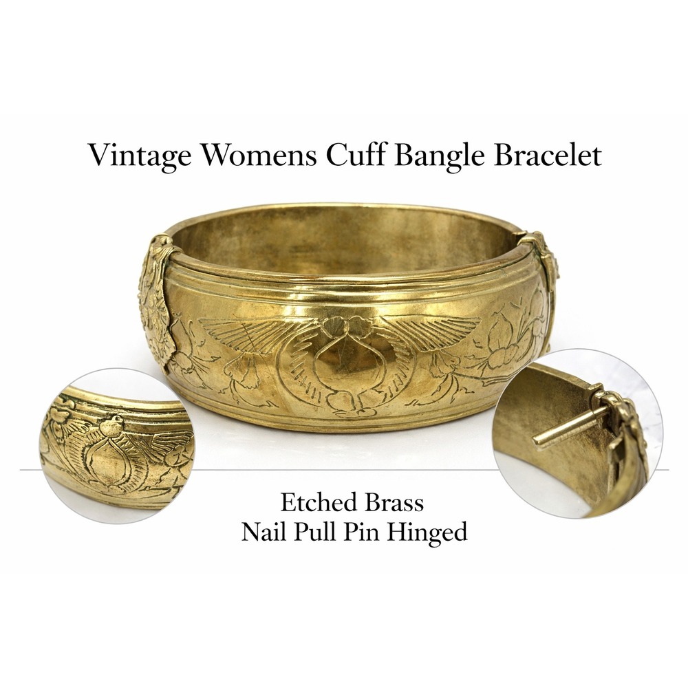 Vintage Brass Cuff Bangle Bracelet Etched Egyptian Scarab Lotus Hinged Pin 2.25"
